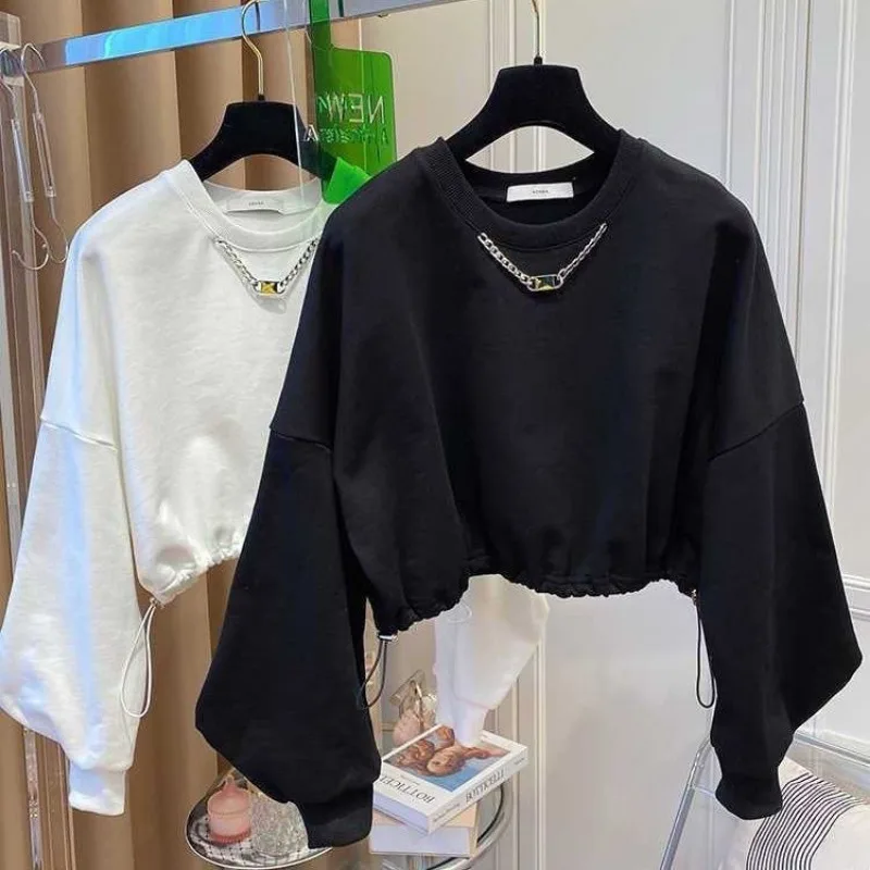 Vrouwen Koreaanse Lente Herfst Zwarte Sweatshirts 2023 Nieuwe Dame Mode Ketting Lange Mouw Trui Casual Joker Tops Vrouwelijke
