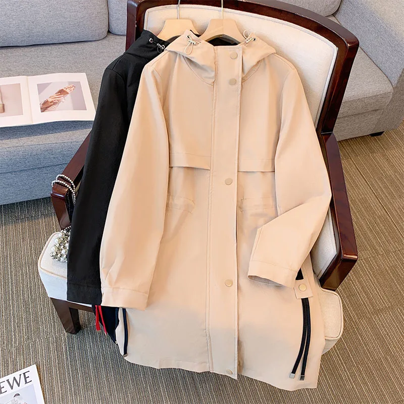 

150Kg Plus Size Women's Bust 157 Spring Autumn Mid-Long Hooded Trench Coat Loose Casual Charge Jacket 6XL 7XL 8XL 9XL 10XL