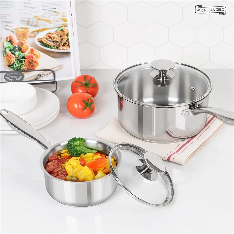 

MICHELANGELO Stainless Steel Stew Pot Set with Lid 1 Quart and 3 Quart Sauce Pot Household Cooking Pot Induction Compatible