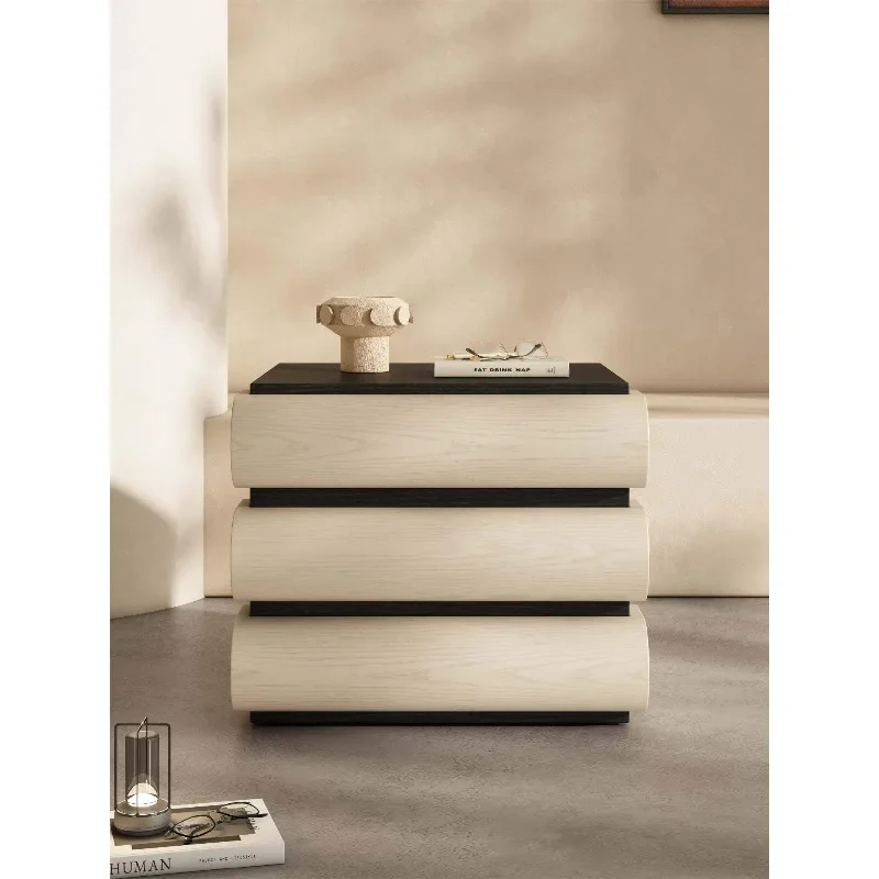 Three-layer modern simple bedside table solid wood arc edge design locker log color black and white contrasting color Nordic sty