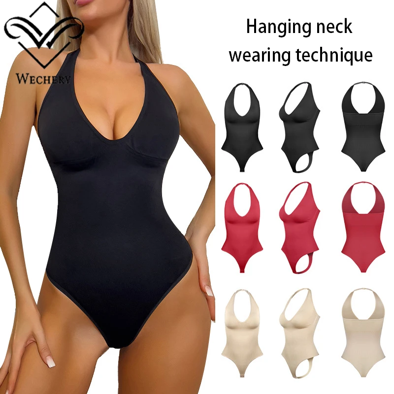 

Wechery женские боди больших размеров, одежда с глубоким v-образным вырезом, топ с лямкой на шее, высокоэластичные компрессионные боди для уменьшения живота