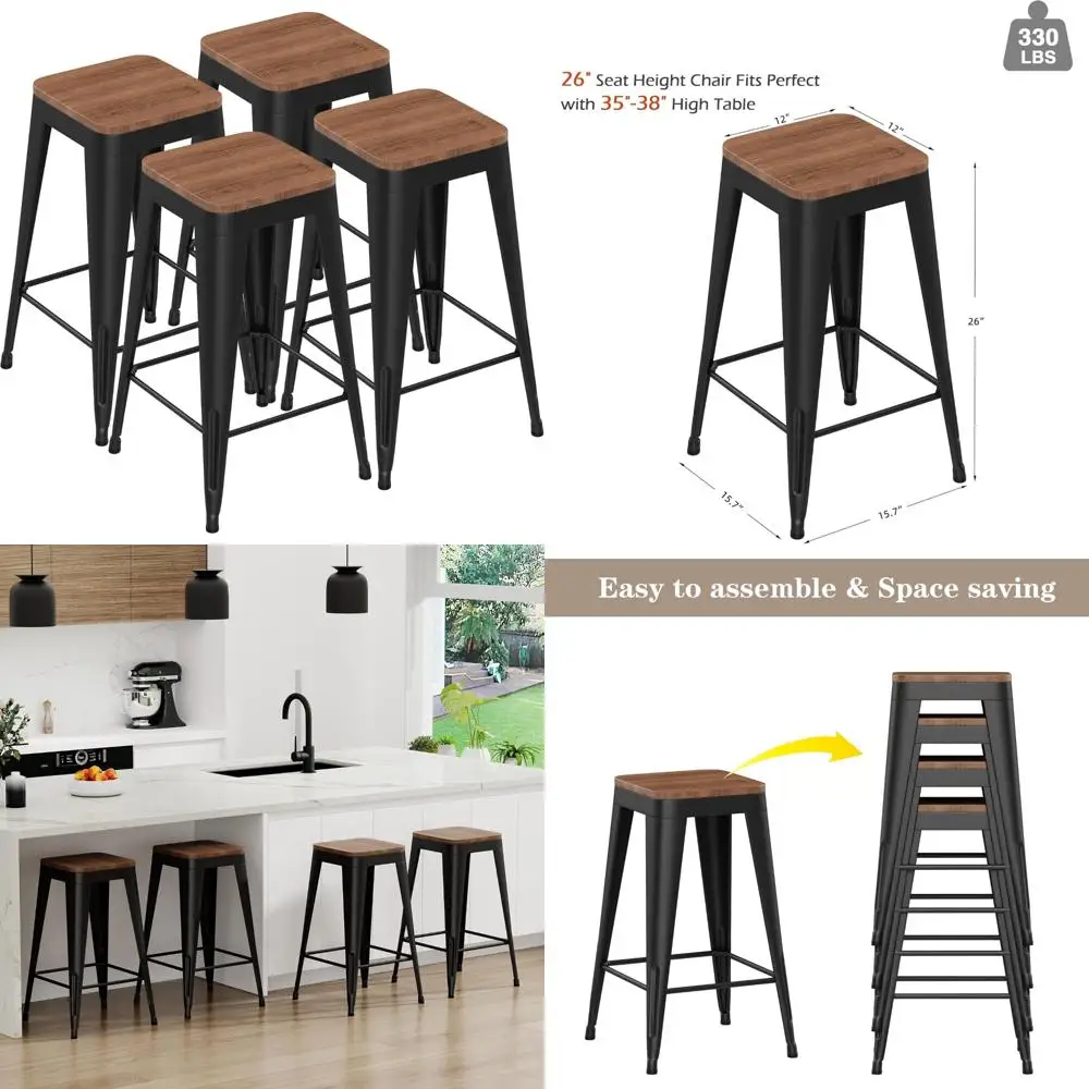 Juego de 4 taburetes de bar modernos industriales de metal blanco con tapas de madera para isla de cocina y asientos de cafetería con altura de mostrador