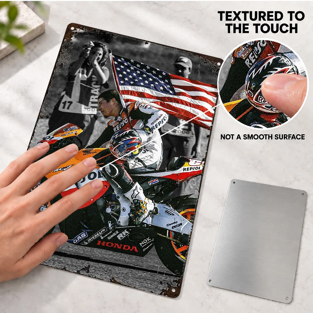 Nicky Hayden MotoGP Textured Metal Poster Customized Aluminum Sign Black And White With Color Accents Wall Art For Game Room