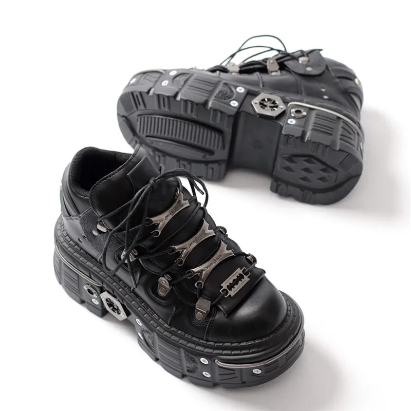 Fashion Women Punk Platform Shoes for Woman's Lace-Up Round Toe Metal Decoration Thin Heels Sneakers Gothic Party Nightclub Shoe image 3