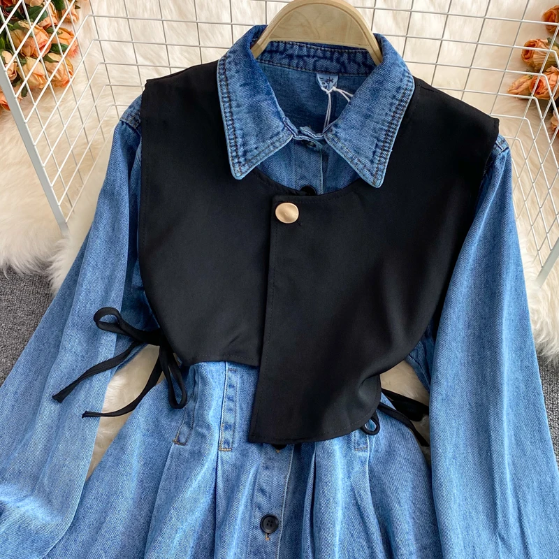 2024 Autumn Blue Denim Dresses 2 Pcs Set Vintage Turn Down Collar Long Sleeve Shirt Dress+Black Vest Lady Commuter Suit