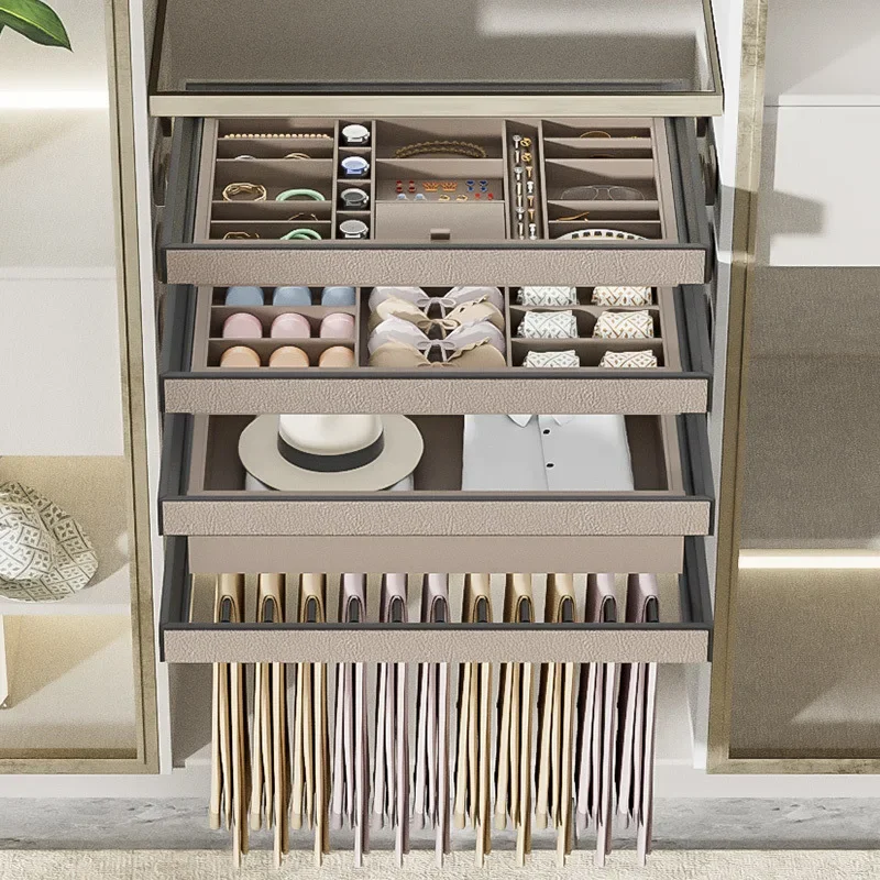 Cloakroom Leather Plaid Drawing Wardrobe Pull Basket Jewelry ******derwear Storage Basket Retractable Pants Rack Grey