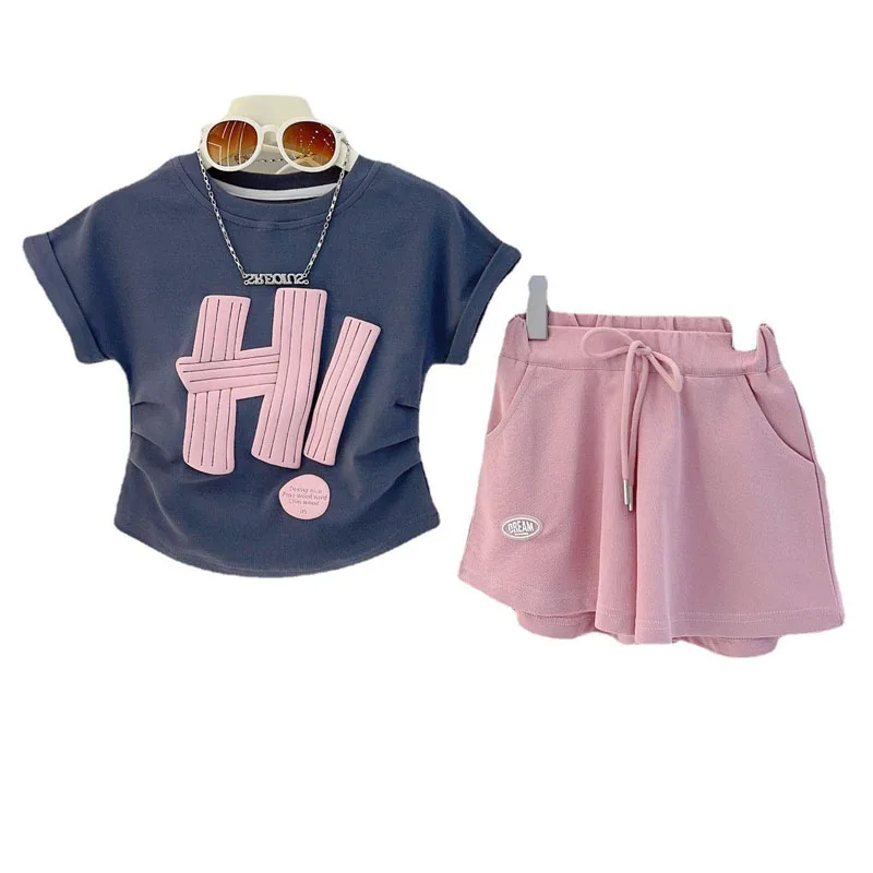 Girls Clothes Sets 2024 Summer Children Short-sleeved Suits Teenage Letter T-shirt Shorts 2 Pcs Kids Clothing Tracksuit Outfits