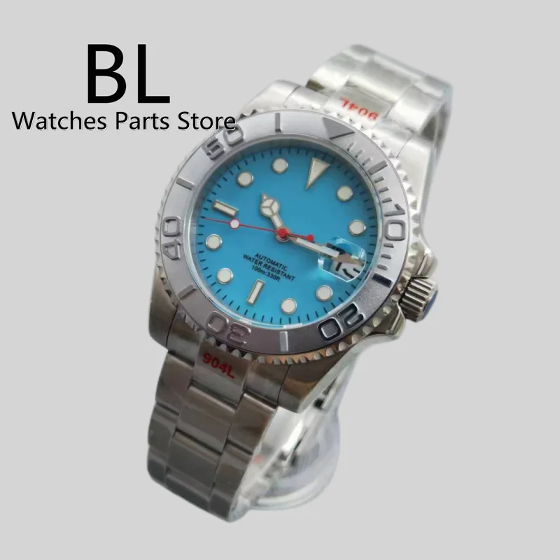 BLIGER 40mm Men's Watch NH35 Automaic Machenical Wristwatch Sapphire Glass Silver Bezel Blue Dial Red Second Hands Luminous