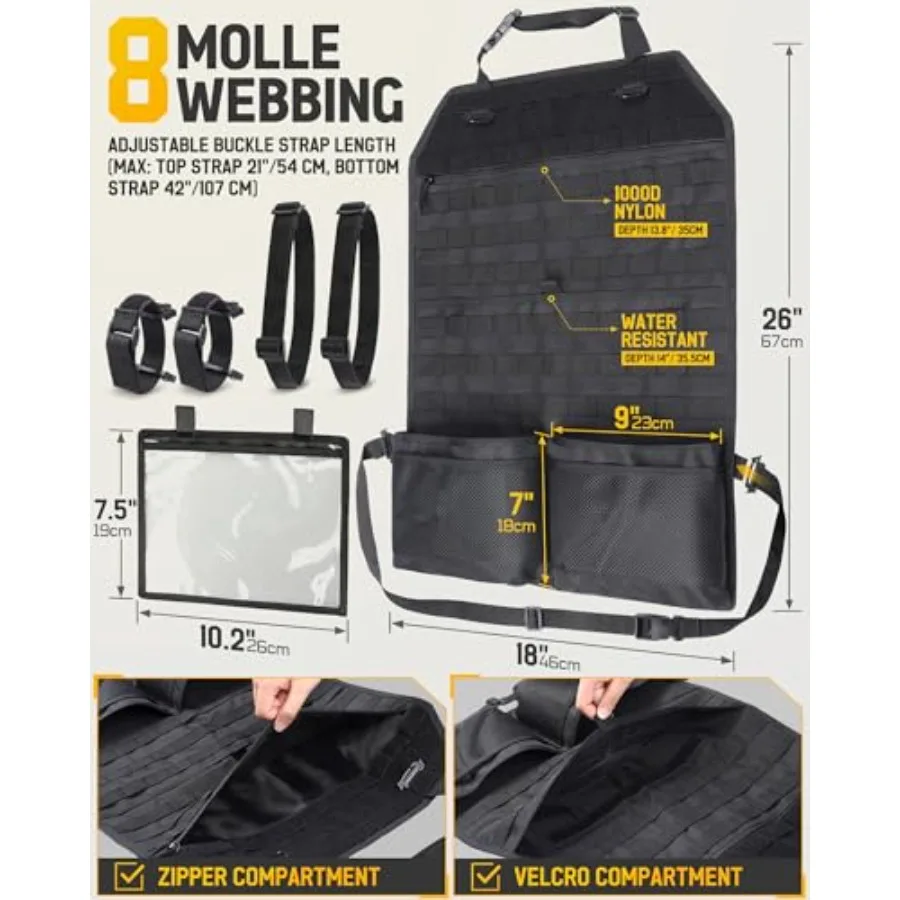 Tactical Car Seat Back Organizer Set, Vehicle Accessories Molle Panel wtih Detachable 4 Molle Pouches - First Aid EDC Admin Sto