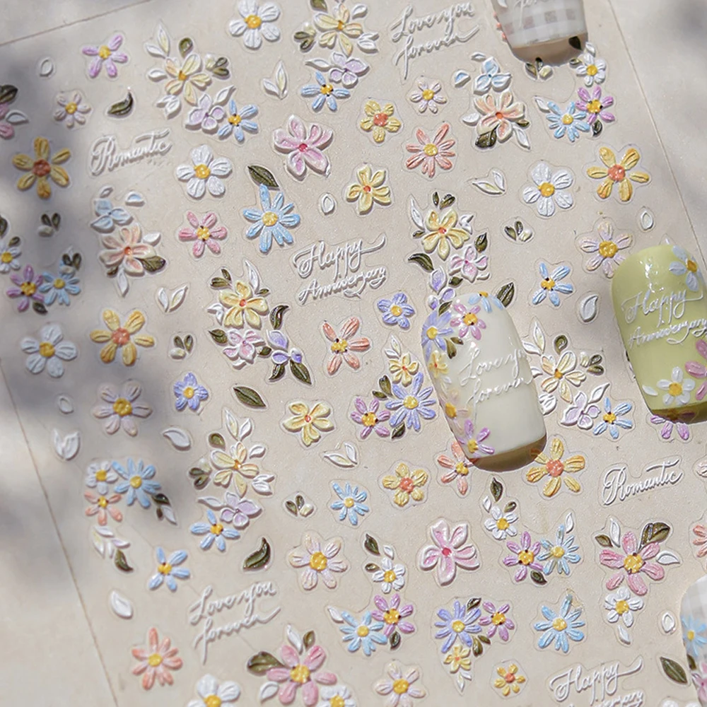 Charmante Blütenblatt-Blume, bunte Wildblumen, Gänseblümchen-Blätter, 5D-Relief, selbstklebende Nagelkunst-Aufkleber, Dekoration, Maniküre-Aufkleber, DIY