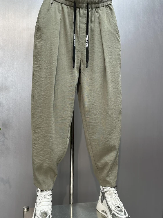 سراويل رجالية صيفية رفيعة غير رسمية من الحرير الجليدي مستقيمة الساق هارلان قابلة للتنفس فضفاضة تناسب نمط هاراجوكو سراويل ضيقة...