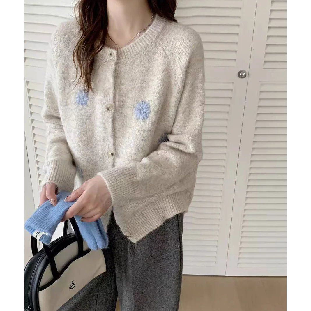 Mantel Wanita Kardigan Sweater Mantel Jaket Leher Bulat Lengan Panjang Jumper Y2k Streetwear Rajutan Elegan Jahitan Terbuka Musim Gugur Musim Dingin