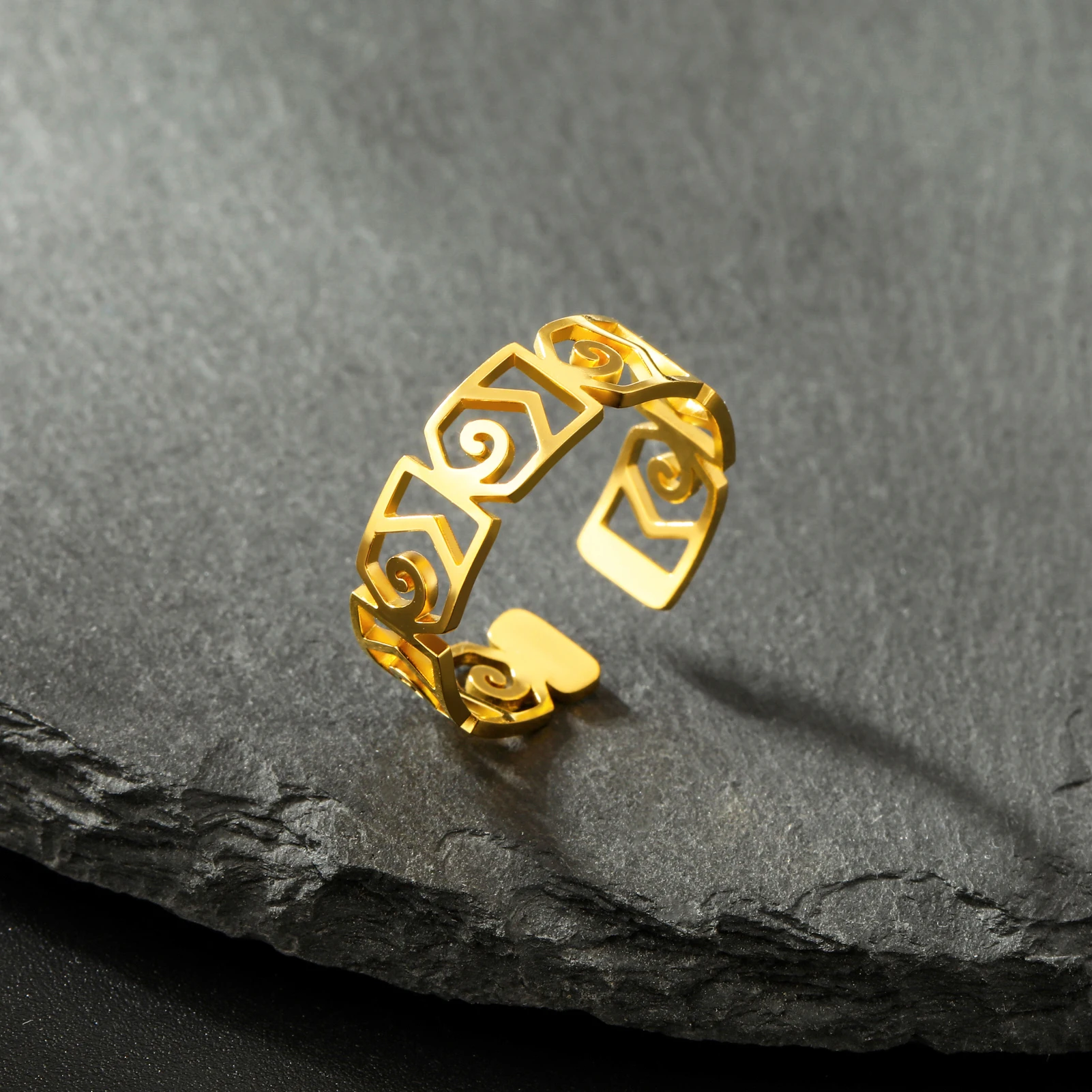 CoolTime Stainless Steel Greek Key Open Ring Hollow Out Geometric Swirl Adjustable Vintage Ancient Greek Jewelry Daily Wear 2026