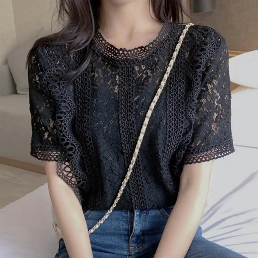 O-neck Fashion Retro Slim Chic Top Short Sleeve Loose Summer Pullover Blouse Casual Lace Hollow Out Elegant Shirt Workwear