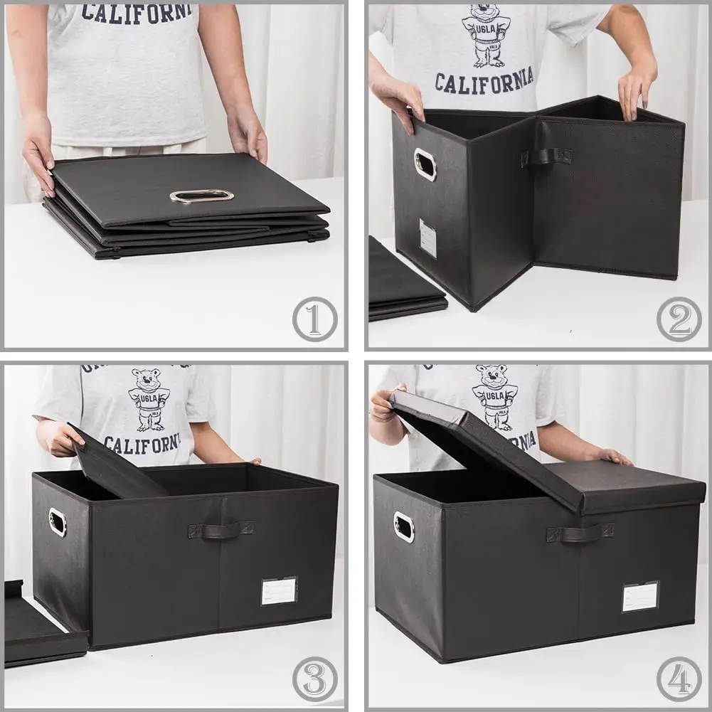 3-Pack Collapsible Storage Box with Lid, Leather Fabric Foldable Bins for Home Closet Office, Black 22.8x15.7x11.8 view 4