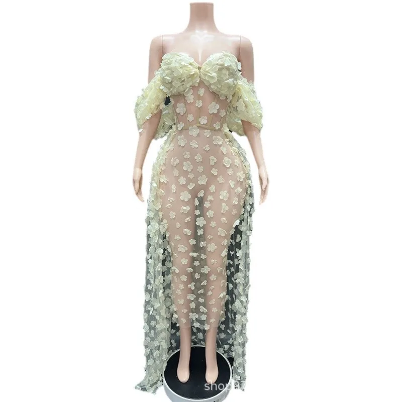 Temperament Celebrity Shoulder Embroidery Plum Blossom Dress Seaside Holiday Beach Dress Concert Evening Dress Vestido Gala Luxo