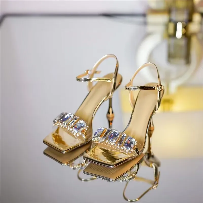 Gold Silver High Heels Sandals Women  Summer Square Toe Shiny Crystal Sandals Woman Ankle Straps Thin Heel Party Pumps Shoes