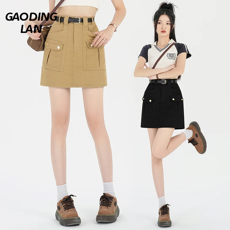 

GAODINGLAN Summer High Waist Vintage Women Denim Skirts A-line Pocket Solid Color Mini Jean Skirt Female Slim Hip Wrap Skirt