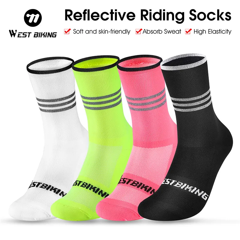 WEST BIKING All Season Reflective Cycling Socks Professional Men Women Night Riding Socks Nylon Breathable Outdoor Sports Socks