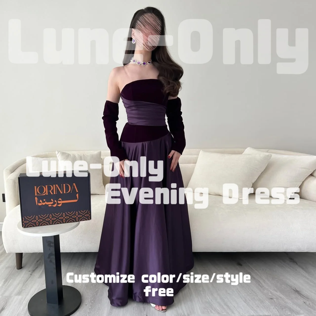

Customized Long Sleeves Purple Satin Women Evening Dresses Velvet A-Line Draped Elegant Party Gown Prom Formal Dress