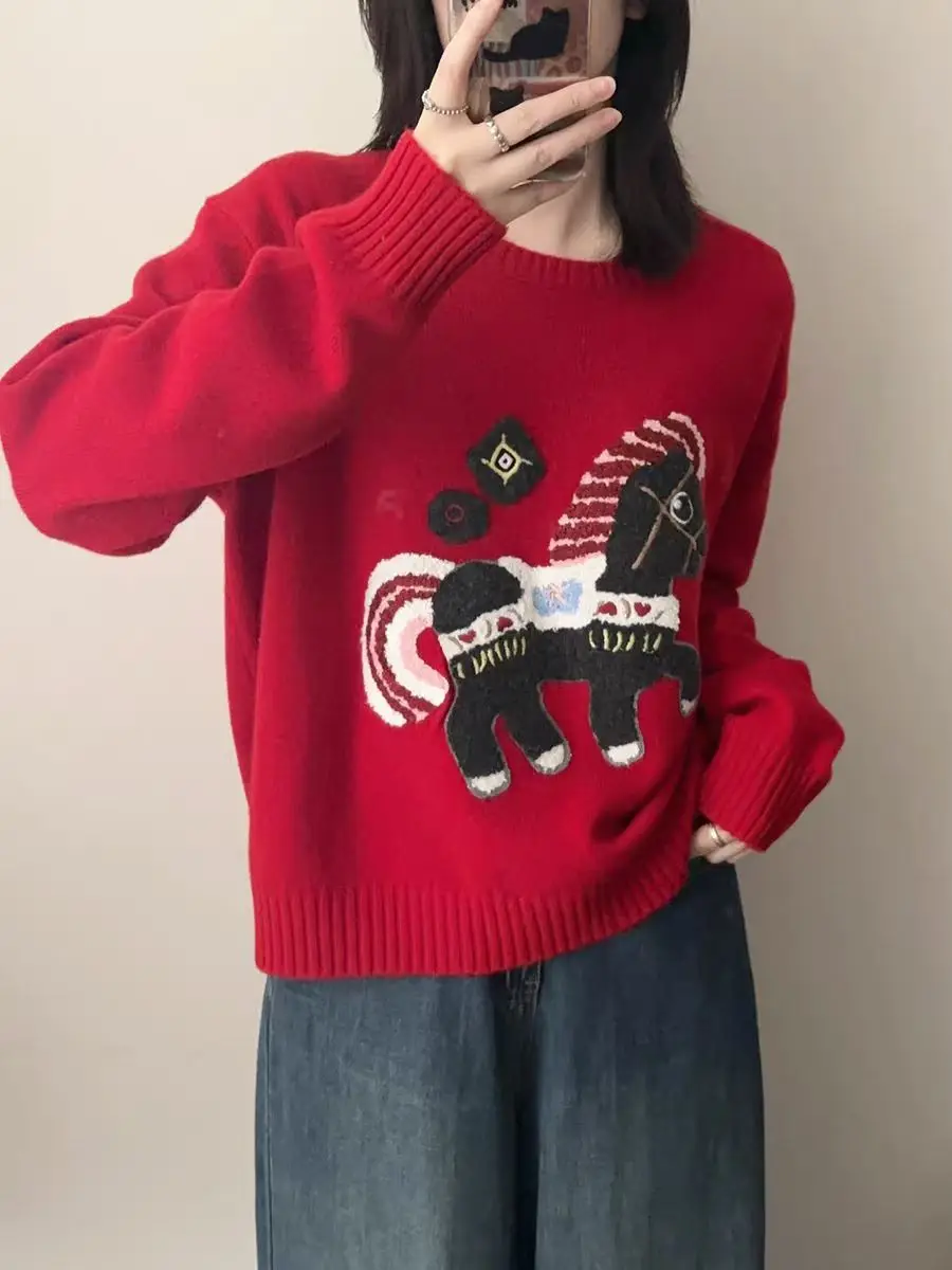 

Красный вязаный свитер с вышивкой в мультяшном стиле для женщин, свободный крой, мягкий, с длинными рукавами, зимний, модный, для верхней части тела