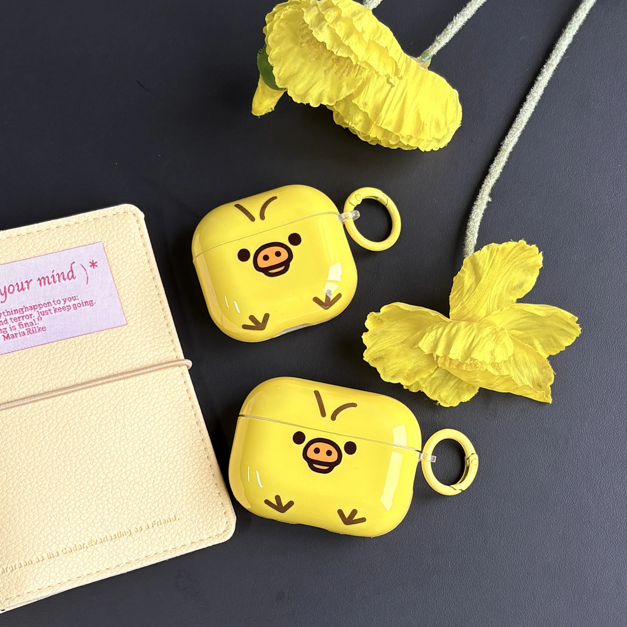 Cute Cartoon Chick Pattern Yellow Glossy Protective Earphone Case Cover Case For AirPods 1 2 3 4 5 Pro Pro2 Pro3 with Ring
