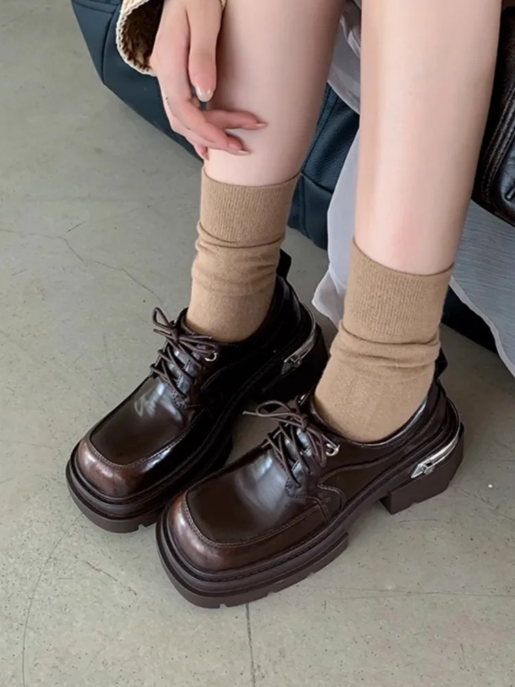 جديد إمرأة خمر جولة تو منصة سميكة 6 سنتيمتر انقسام الجلود أنيقة السيدات موضة مريحة الدانتيل يصل تنوعا أحذية عادية #4