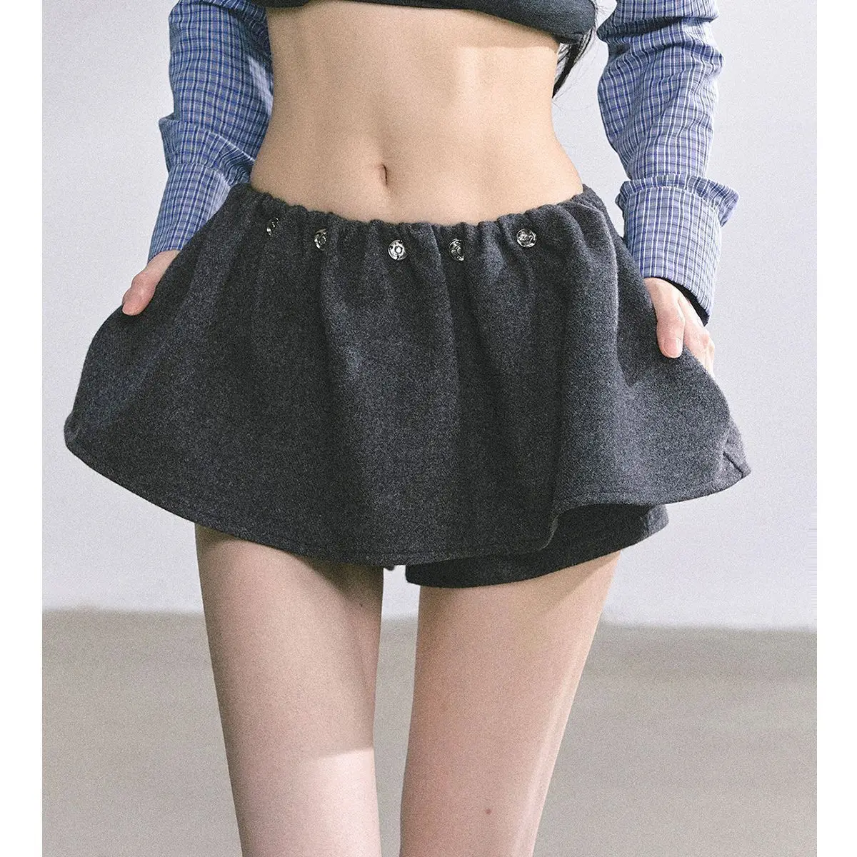 Retro Flared Tweed  Skirt Warmth Young High Waist Polyester Micro Elastic Daily A-Line Skirt for Slimming And Preventing ...