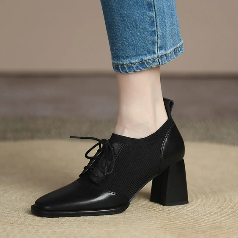 2024 New Flashion Women Oxford Shoes High Heels Bare Shoes Pointed Toe Lace Up Ankle Shoes Stretch Vintage Womens Shoes Plus Siz