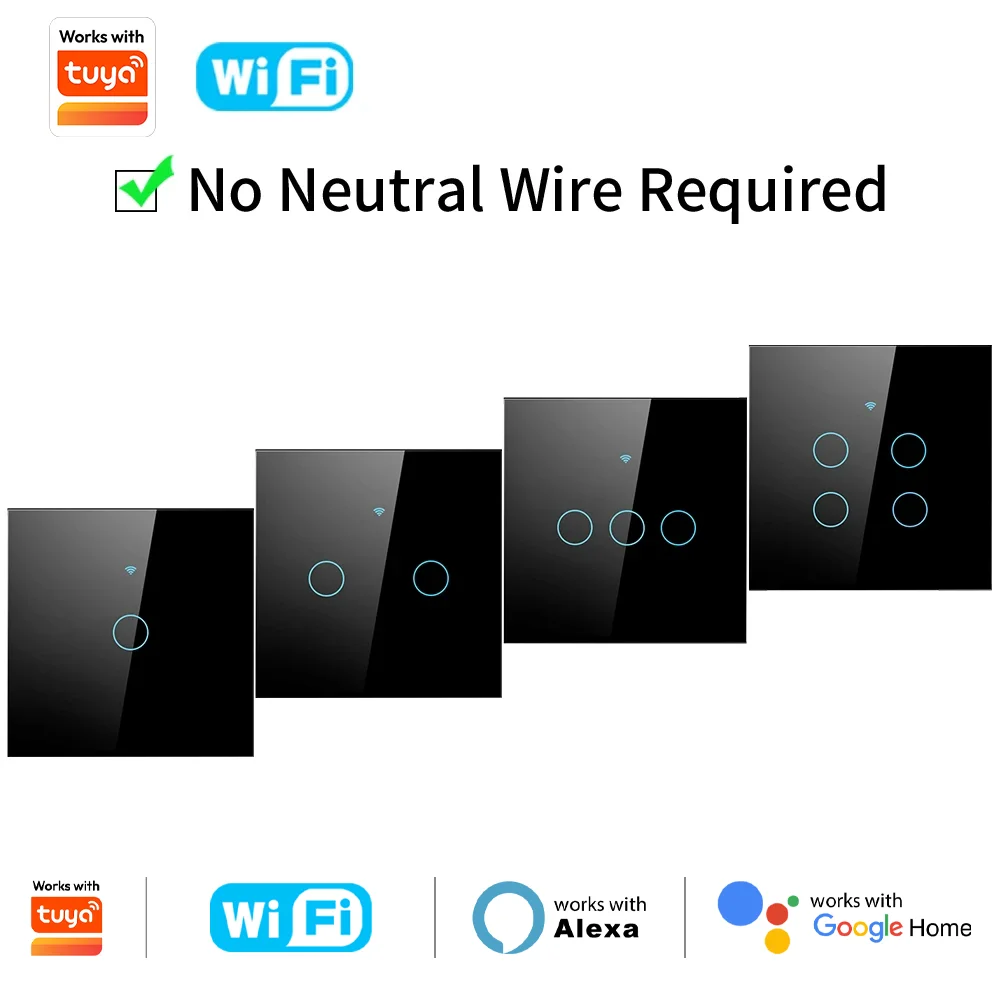 WIFI Wok avec interrupteur tactile intelligent Tuya, interrupteurs LED sans fil à télécommande, sans fil neutre requis, 1 à 4 groupes, compatible Alexa Google
