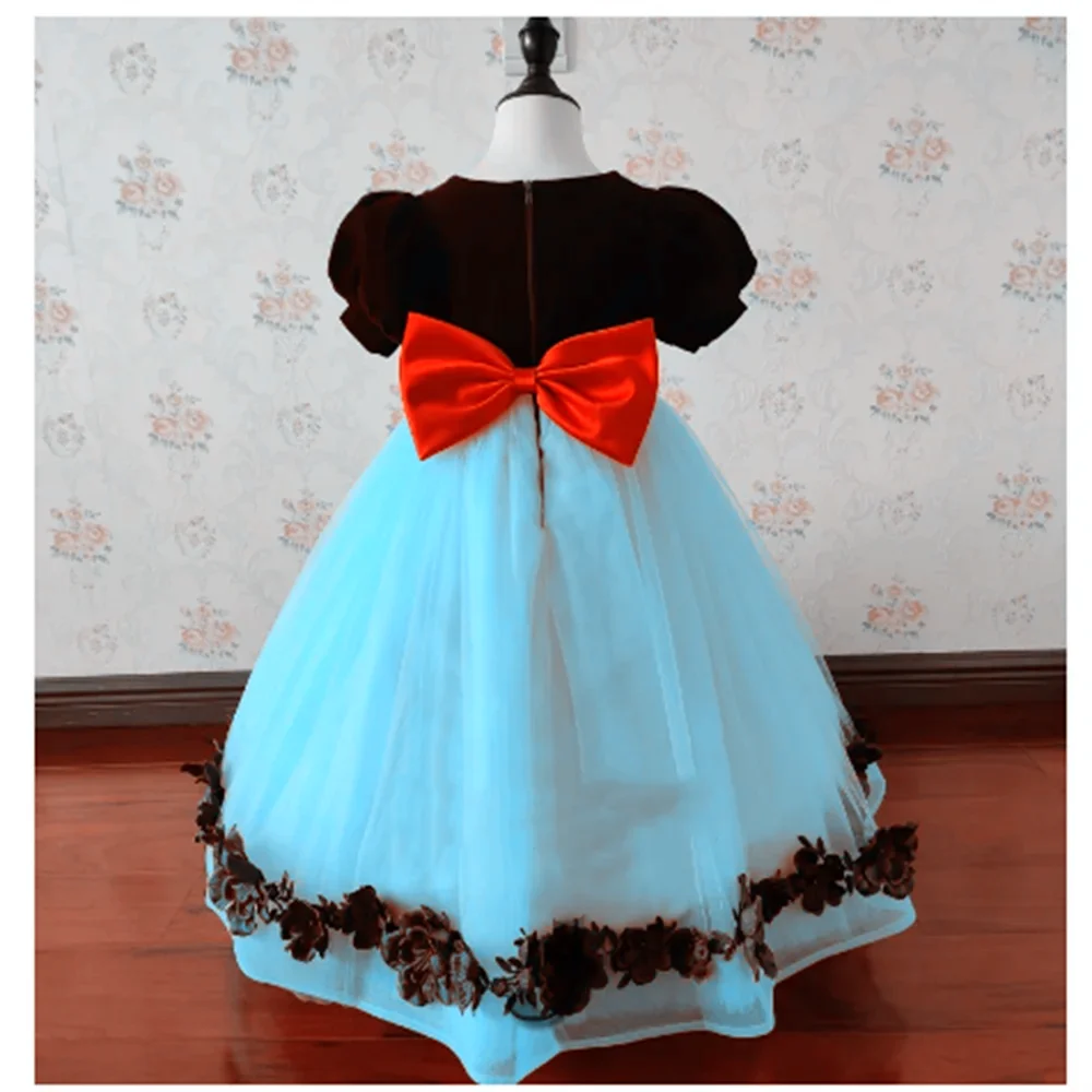 Flower Girl Dress Gorgeous Little Princess Blue OR Yellow Black Applique With Red Bow Kids Birthday Party Ball Evening Gowns