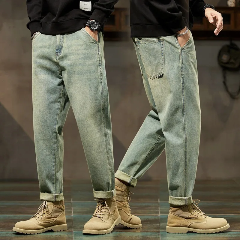 Men's Spring 2026 Loose Harem Pants Denim Retro Solid Comfortable Harajuku Straight Jeans Simple Fashion Versatile Cargo Trouser