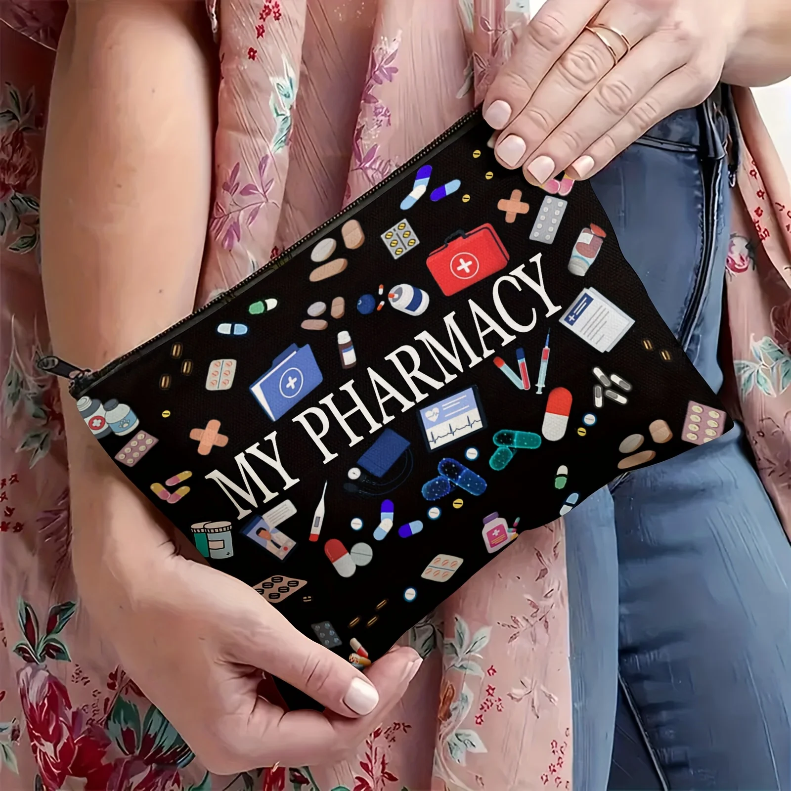 Pharmacy-Themed Storage Bag - Multifunctional Medication Organizer & Travel Cosmetic Pouch,Colorful Pill & Vitamin Print