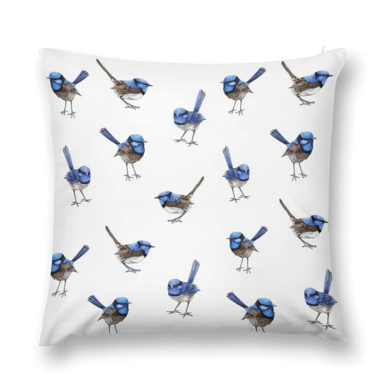 Blue Wrens, Scattered on White Throw Pillow Sofa Pillow Cover pillow pillowcase