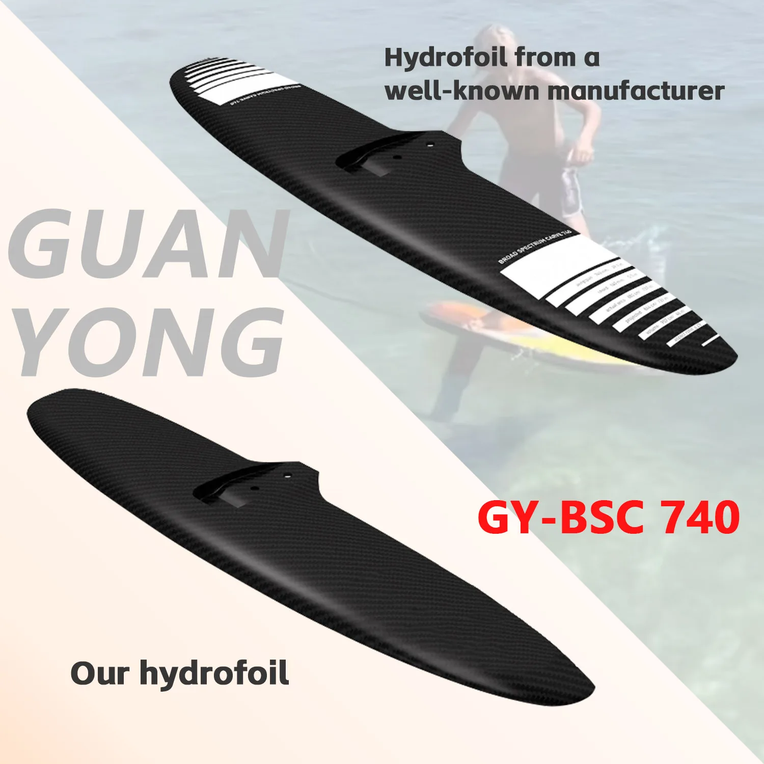 

Hydrofoil Front Wing for Water Sports, Carbon Fiber Surfing Tool, Factory Price, GY-BSC740, 844 Square cm, Hot Selling