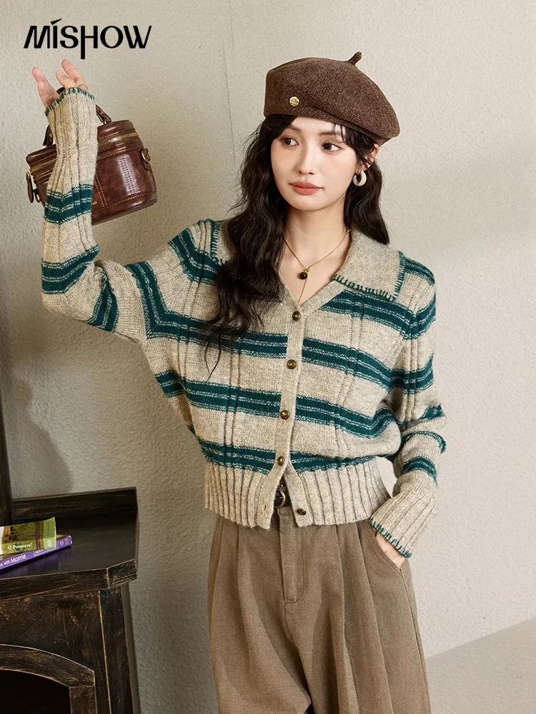 MISHOW Sweater Knitwear Women Contrast Stripe Lapel V-Neck Tops 2024 Bronze Button Single Breasted Casual Sweaters MXD41Z0709