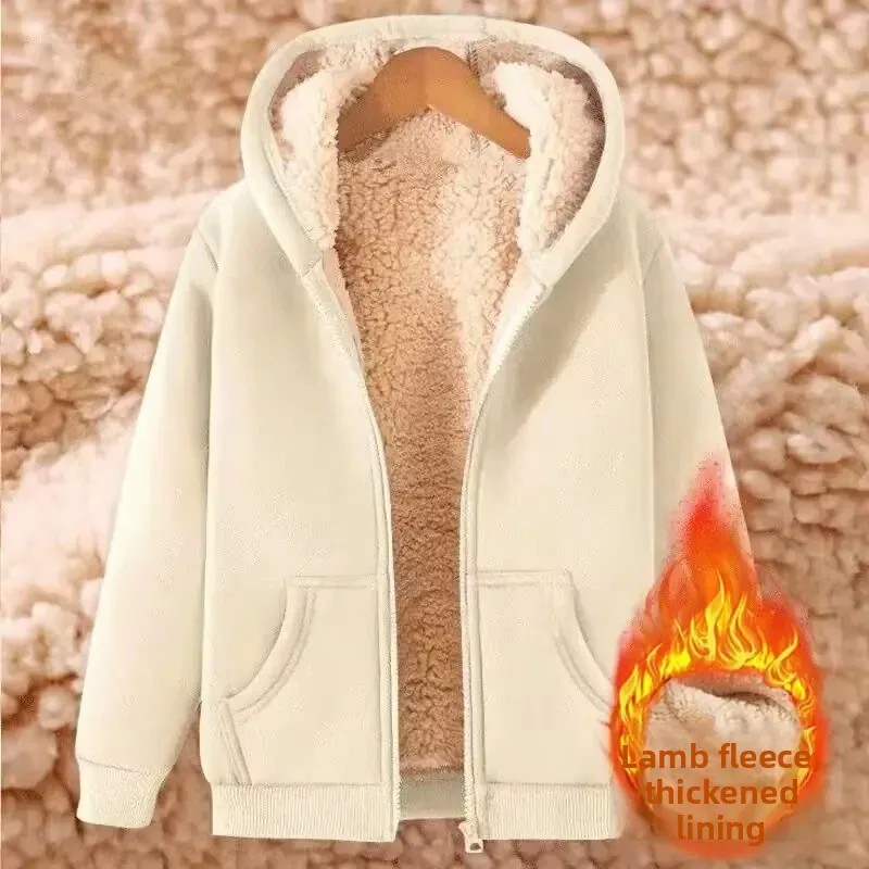 Ladies Fleece Lined Oversized Hoodie Cardigan Winter Warm Thickened Sheepskin Vest Zipper Design Casual Streetwear Polyester