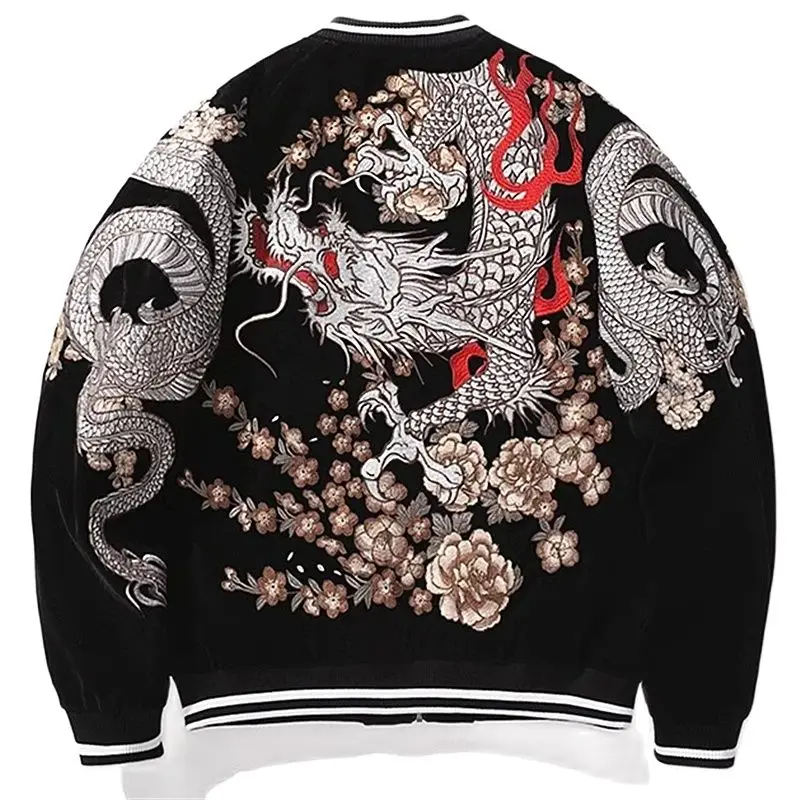 Chłopiec Mężczyźni Sukajan Souvenir Jackets Coiled Dragon Peony Embroidered Loose Coats Hip Hop Streetwear Red Black Stripe High Street