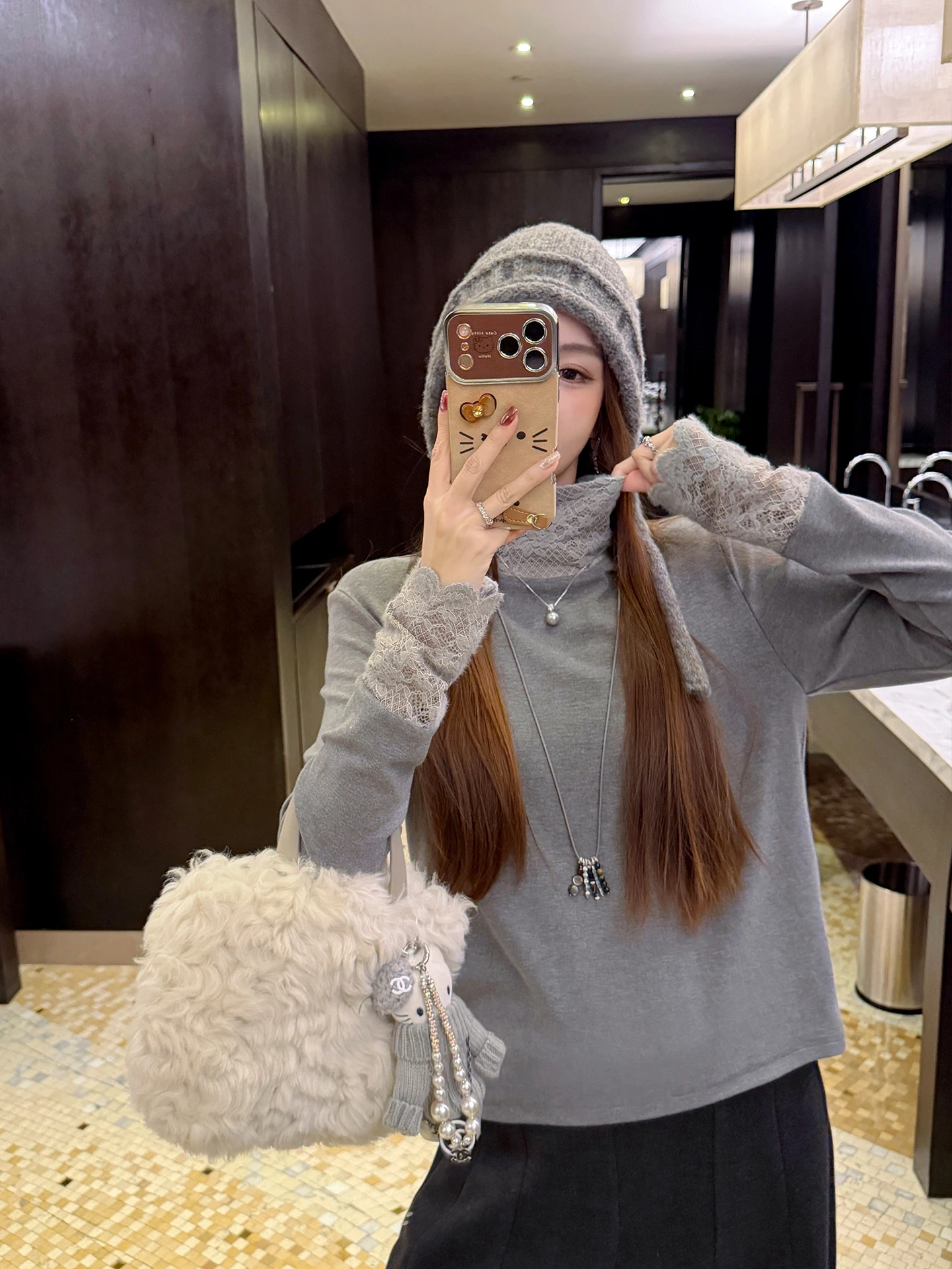 

Zhang ei Initial Soft as Cotton 260g Thiened ey Lace Splicing High Collar Base irt Women's Comfortable Long Sve ...