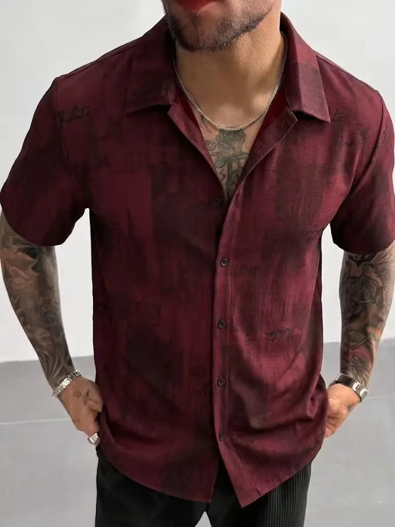 Men's Loose-Fit Lapel Open-Front Shirt with Wine Red Dark Patterned Print