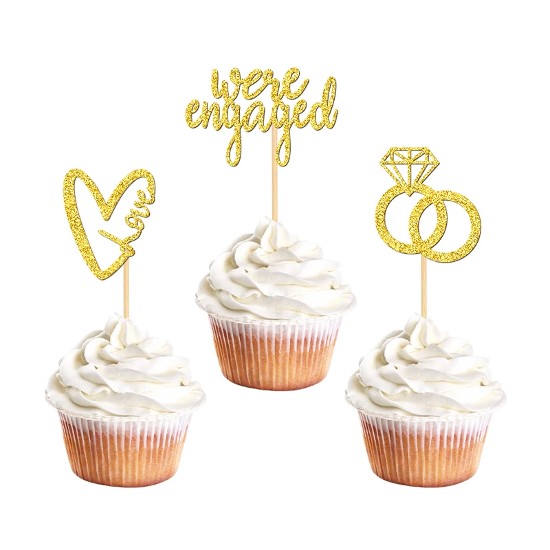NUBECOM 24 Stück Verlobungs-Cupcake-Topper, Verlobungs-Kuchenaufsätze, glitzerndes Liebesherz mit Liebesringen, Verlobungs-Schrift-Kuchendekorationen – Detail 6