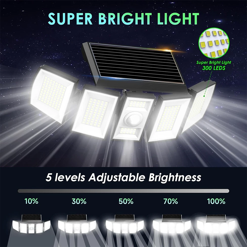 Solar Lights Outdoor, 300LED Motion Sensor Outdoor Light,  5 Heads Wide Angle Waterproof Solar Flood Security Lights for Outside