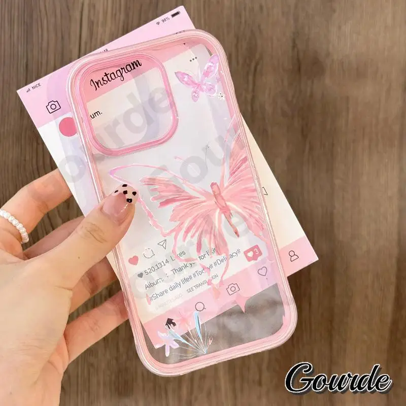 Gourde Custodia per telefono trasparente in acrilico 2 in 1 con motivo a farfalla artistica per iPhone 13 12 14 15 Plus Iphone 16 Pro Max Cover antiurto