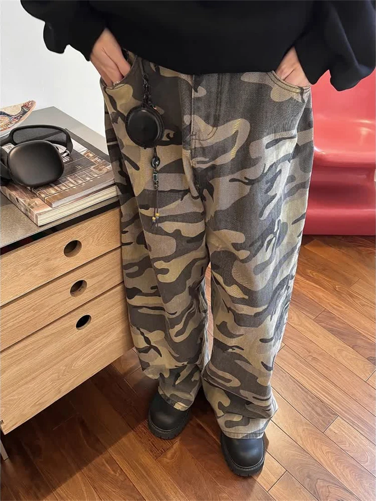 

Women's Camouflage Casual Loose Unisex Trousers Young Girl Street Straight Bottoms Female High Waisted Wide Legs Thin Pants