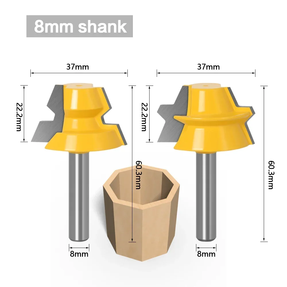 2PC 8mm Shank Lock Miter Router - 22.5 Degree Glue Joinery Router Bit Set Tenon Cutter for Woodworking Tools