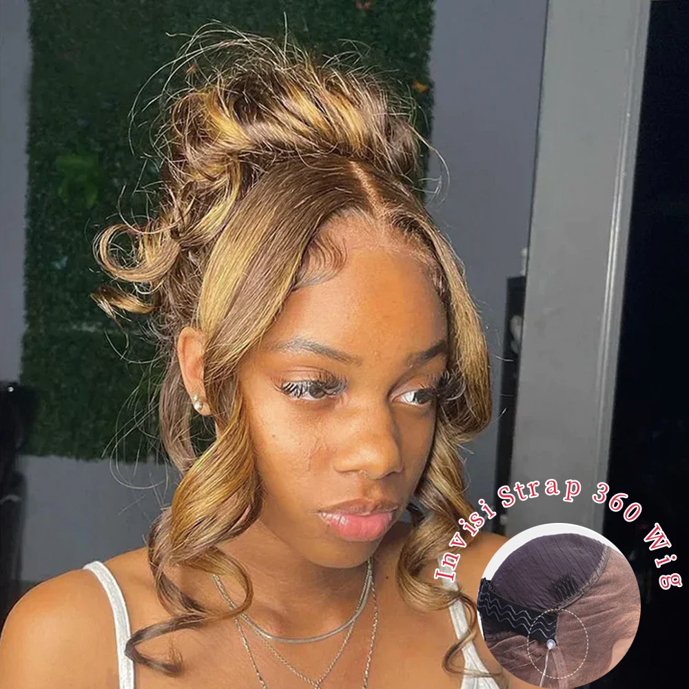 Highlight Ombre Invisi Strap 360 Full Lace Front Wig Human Hair Pre Plucked Body Wave 360 Glueless Upgrade 4/27 Human Hair Wig