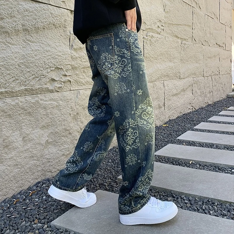 Celana Panjang Denim Biru Lurus Kaki Lebar Longgar Cetak Trendi Kasual Pria Fashion Baru Musim Gugur Musim Dingin Jeans Ala Jalanan Pria