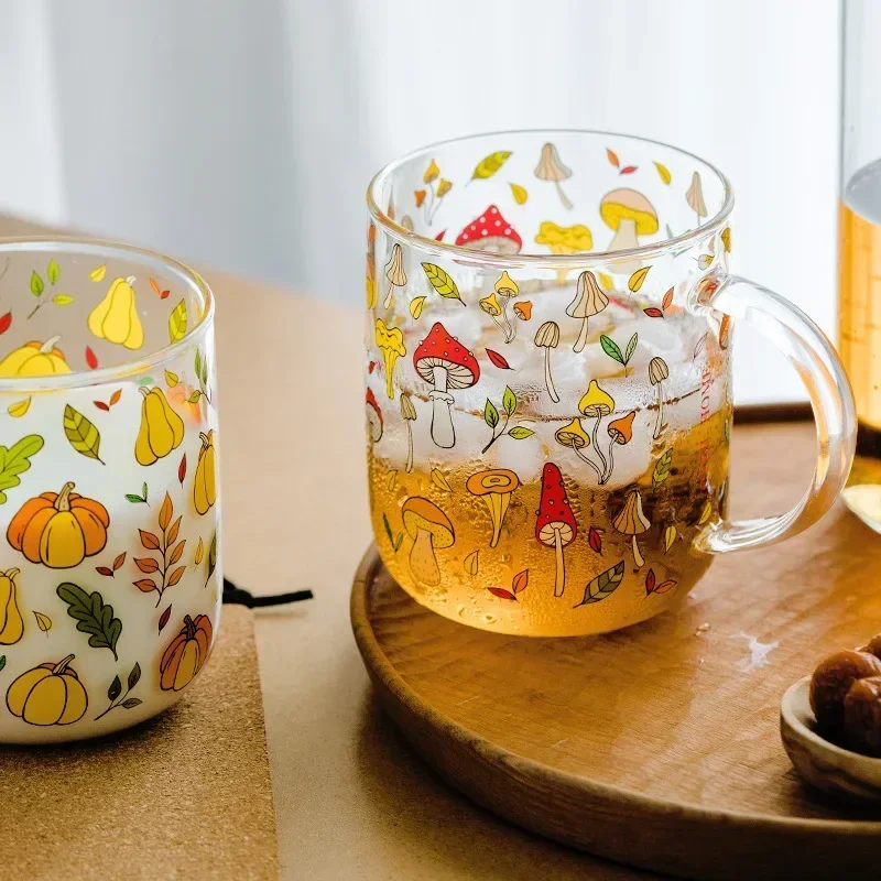

Heat-Resistant with Handle Glass Mug Breakfast Milk Cup Cute Office Home Coffee Mugs Lemon Mushroom Pumpkin Pattern Drinkware