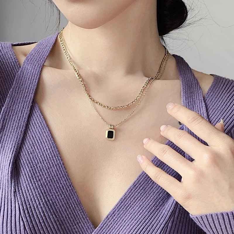 Stainless steel Black Square Pendant Double Layer Necklace Korean Fashion Jewelry For Woman Girls Sexy Clavicle Chain Party Gift