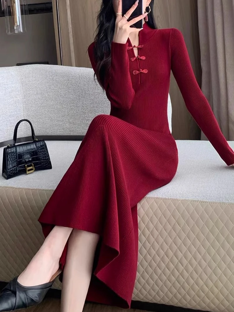 

Chinese Style Women Wool Dress Slim Cashmere Sweater Autumn Winter Wool Knitwear Grace Slim Pullover Vintage Skirts CQ316